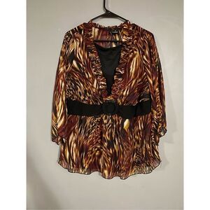 New Directions Animal Print Faux Belt Built In Shirt Ruffles Long Sleeve3X